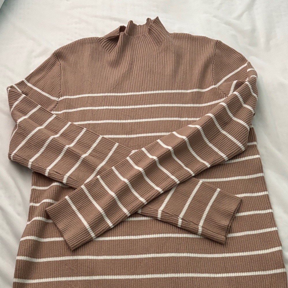 Striped Brown and White Women's Turtleneck Sweater